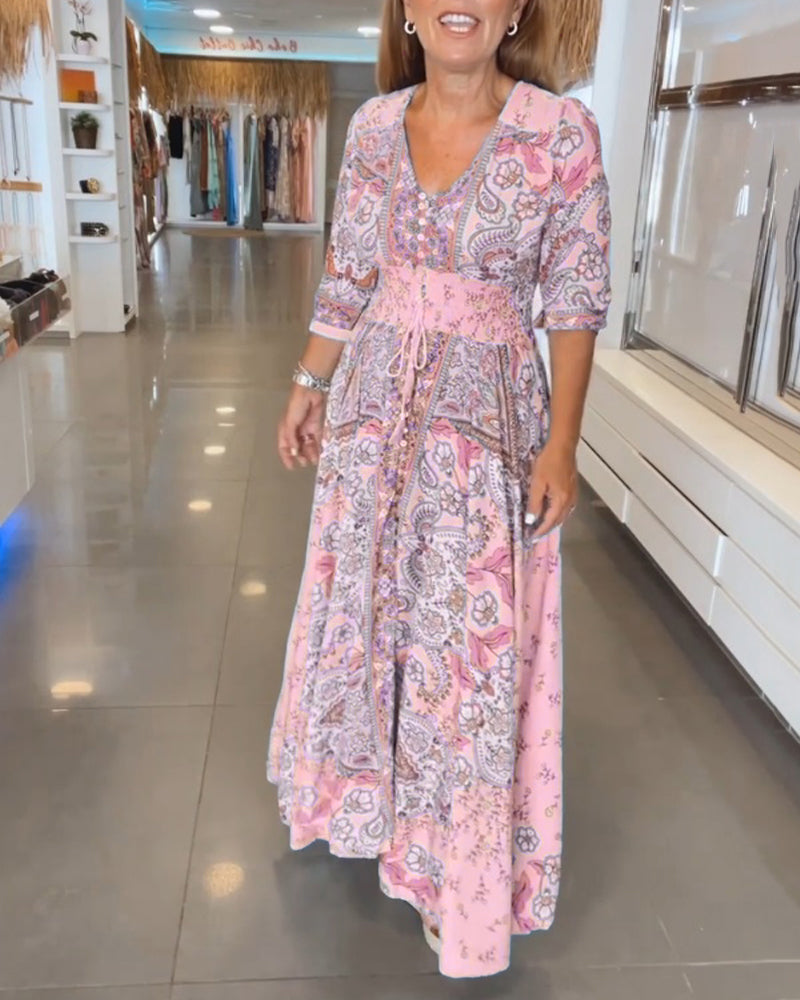 Women’s Boho Chic Paisley Maxi Dress – V-Neck Lightweight Cotton Blend Three-Quarter Sleeve Dress