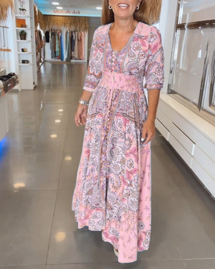 Women’s Boho Chic Paisley Maxi Dress – V-Neck Lightweight Cotton Blend Three-Quarter Sleeve Dress