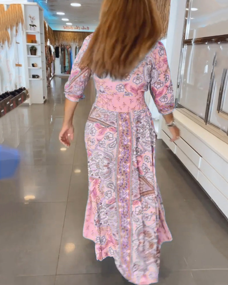 Women’s Boho Chic Paisley Maxi Dress – V-Neck Lightweight Cotton Blend Three-Quarter Sleeve Dress