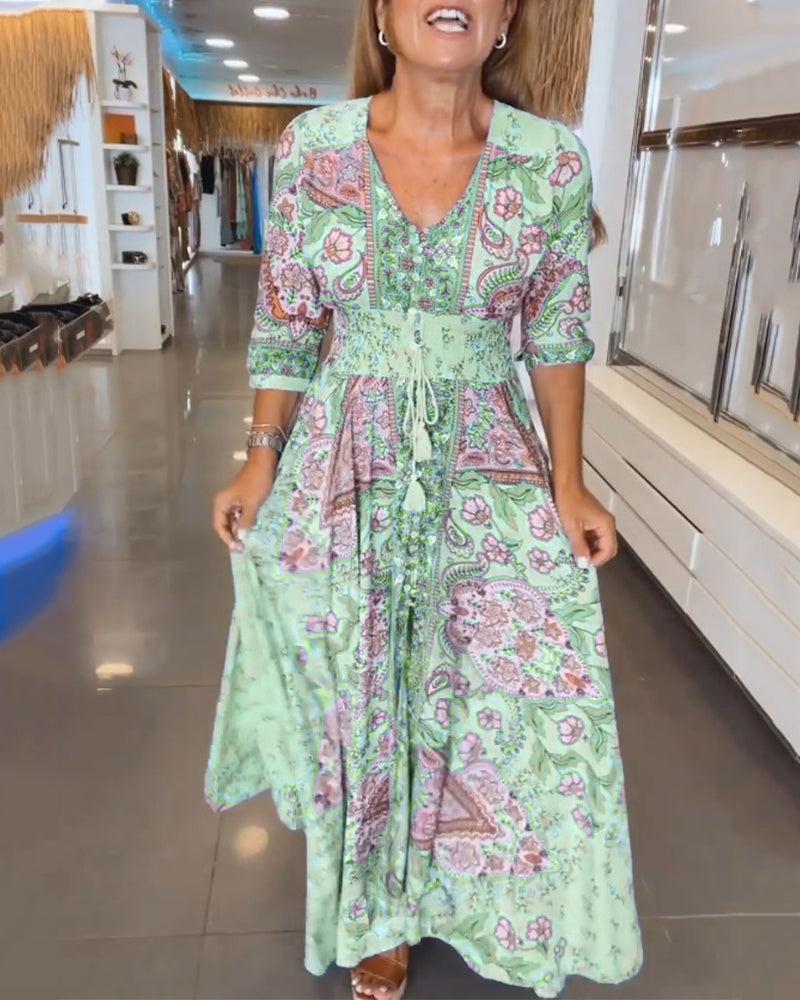 Women’s Boho Chic Paisley Maxi Dress – V-Neck Lightweight Cotton Blend Three-Quarter Sleeve Dress