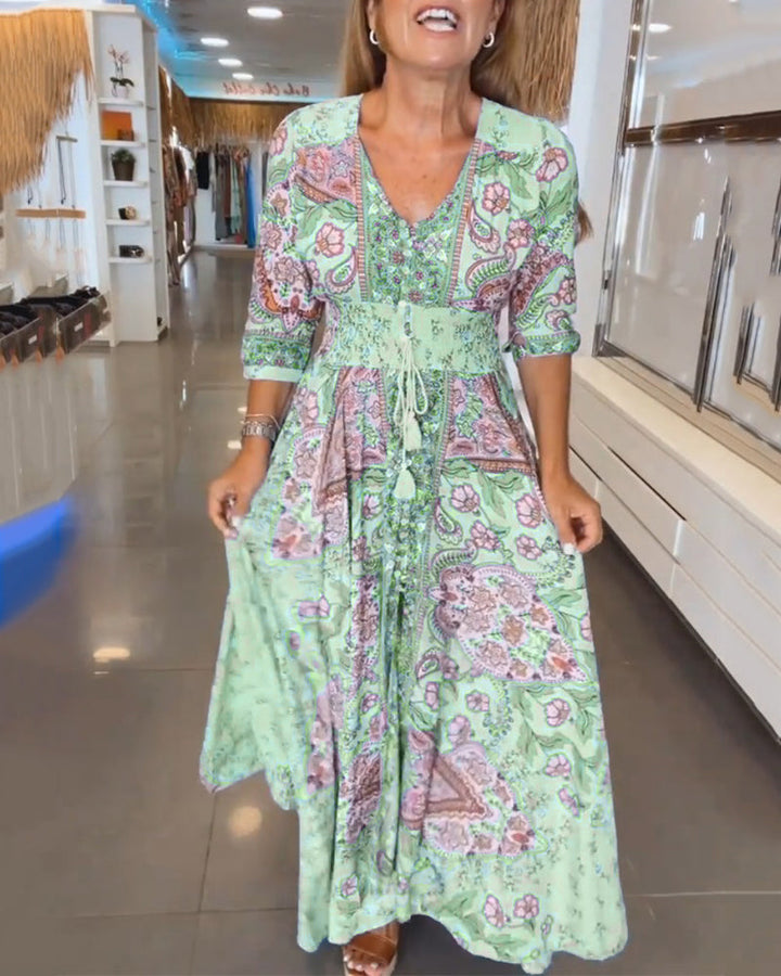 Women’s Boho Chic Paisley Maxi Dress – V-Neck Lightweight Cotton Blend Three-Quarter Sleeve Dress