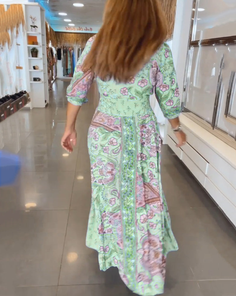 Women’s Boho Chic Paisley Maxi Dress – V-Neck Lightweight Cotton Blend Three-Quarter Sleeve Dress
