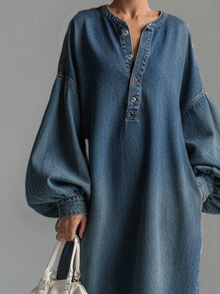 For Women Elegant Urban Blue Denim Half-Button Wide Sleeve Relaxed Fit Maxi Dress