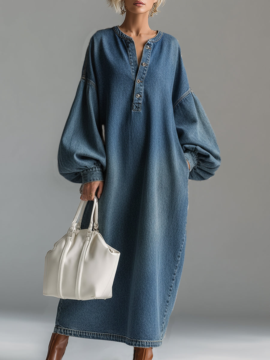 For Women Elegant Urban Blue Denim Half-Button Wide Sleeve Relaxed Fit Maxi Dress