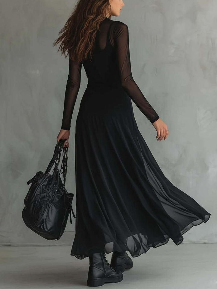 Enchanting Vintage Inspired Featherweight Fabric Delicate Sheer Sleeves Maxi Dress