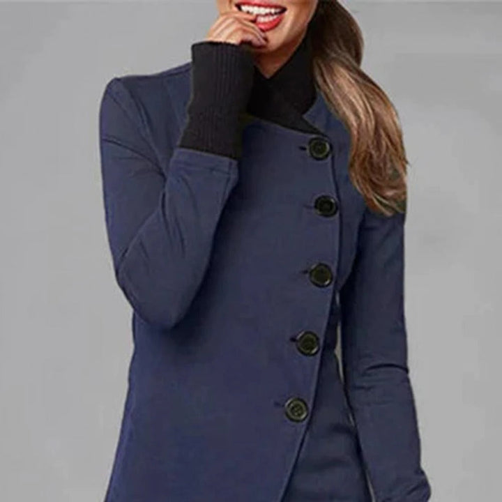 Ladies' jacket with long sleeves, standing collar, and buttons