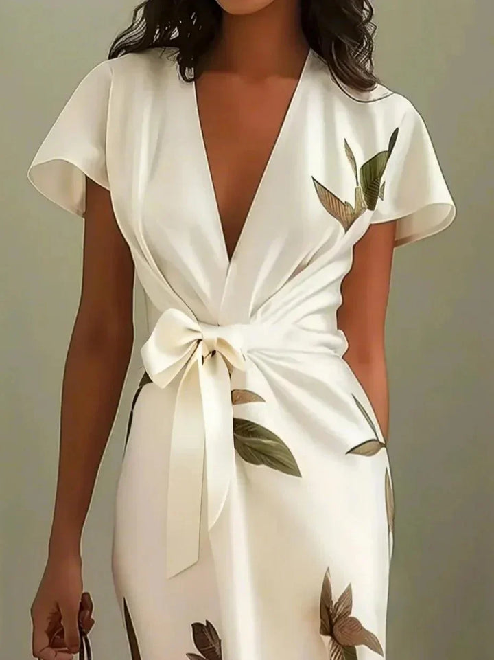 Luxuriously Elegant Flattering Wrap LeafPrinted SilkSateen Waist Defining Belt Dress