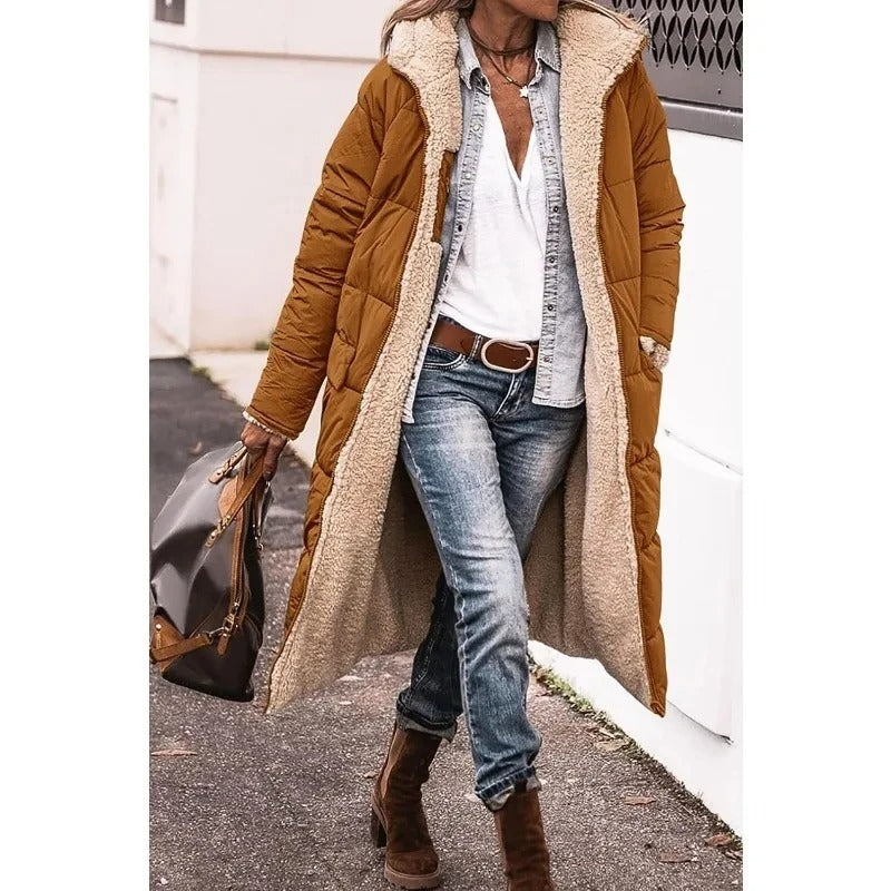 Stylish Long Down Jacket for Women with Sherpa Lining