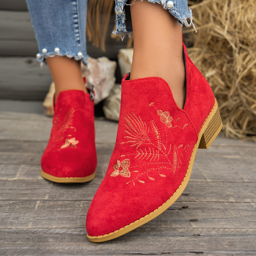 Isadora | Embroidered Low Heel Ankle Boots
