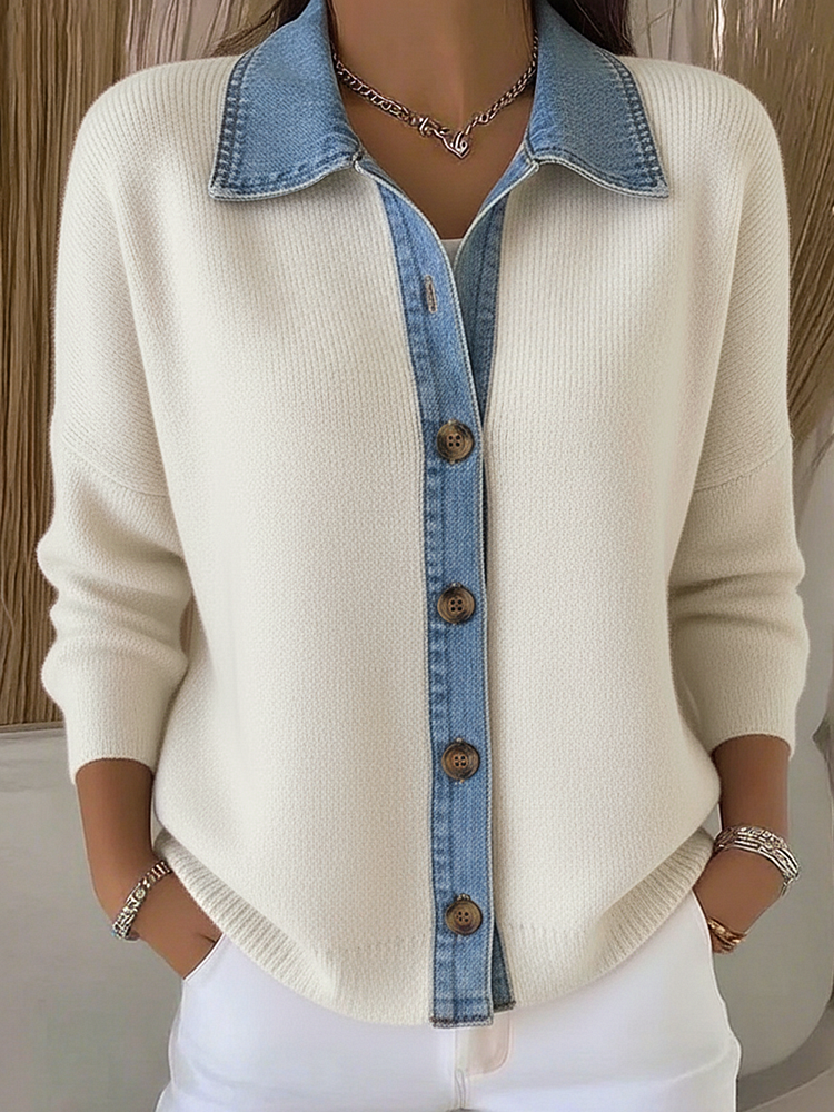 Knitted Cardigan with Polo Collar and Denim Patches, with Buttons