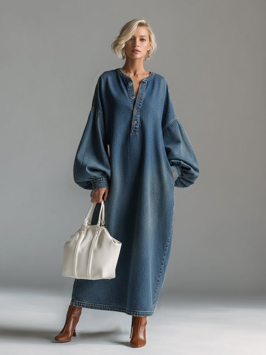 For Women Elegant Urban Blue Denim Half-Button Wide Sleeve Relaxed Fit Maxi Dress