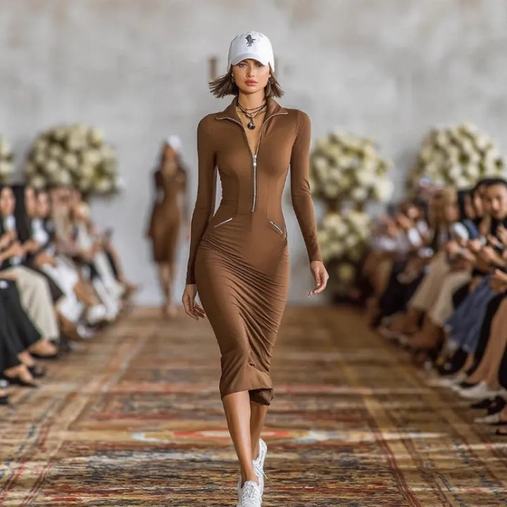 Bella | Women's Midi Dress with Zipper and Pockets