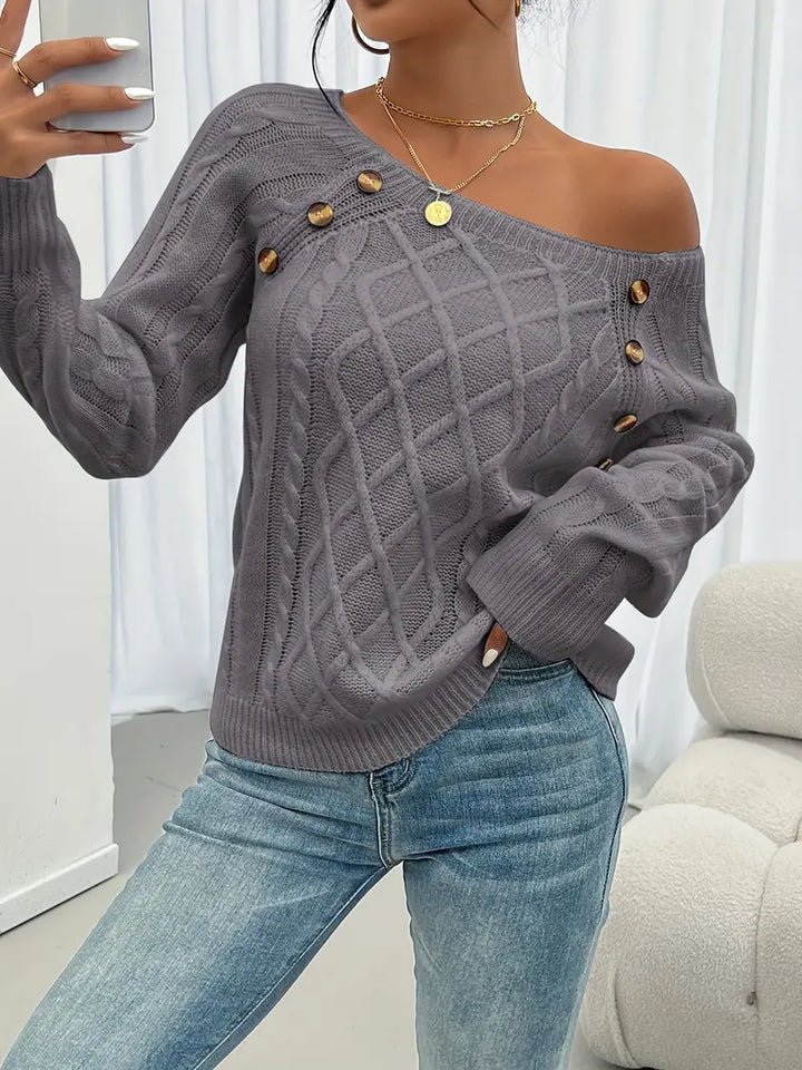 Lina - Long Sleeve Sweater with Braided Pattern, Casual Sweater with Round Neck