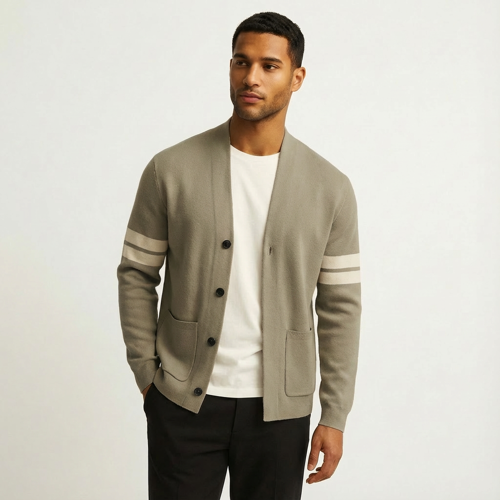 Classic Merino Men's Cardigan with Striped Sleeves