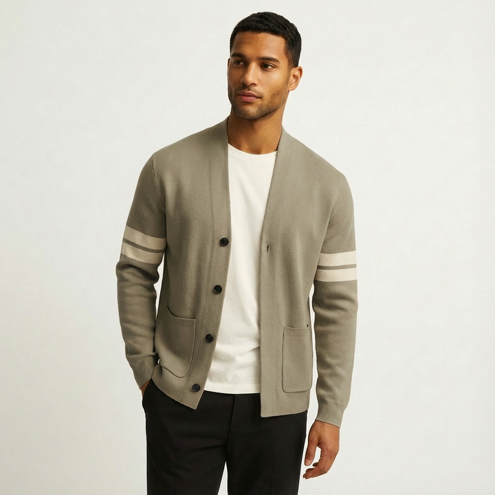 Classic Merino Men's Cardigan with Striped Sleeves