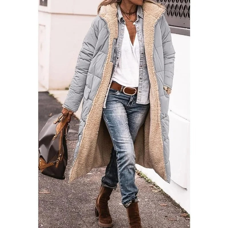 Stylish Long Down Jacket for Women with Sherpa Lining