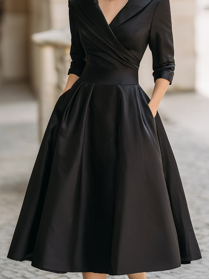 Vintage Inspired Draped Shawl Collar Black Satin Elegantly Fitted Bodice Midi Dress