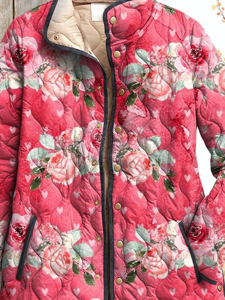 Ladies Charming Pink Floral Art Printed Casual Padded Jacket