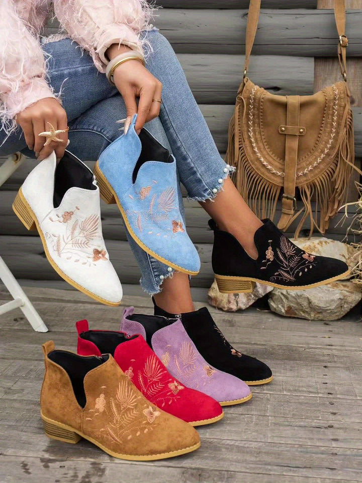 Isadora | Embroidered Low Heel Ankle Boots