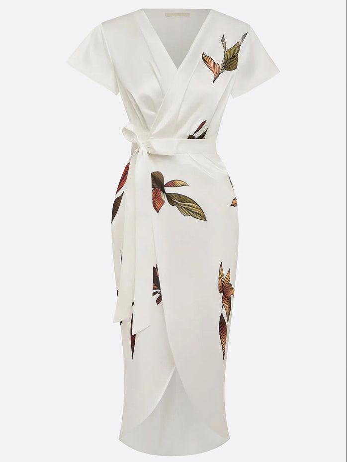 Luxuriously Elegant Flattering Wrap LeafPrinted SilkSateen Waist Defining Belt Dress