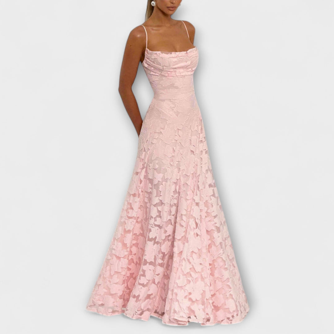 Luxurious Floral-Embroidered Lace-Trimmed Maxi With Delicate Spaghetti Straps Dress