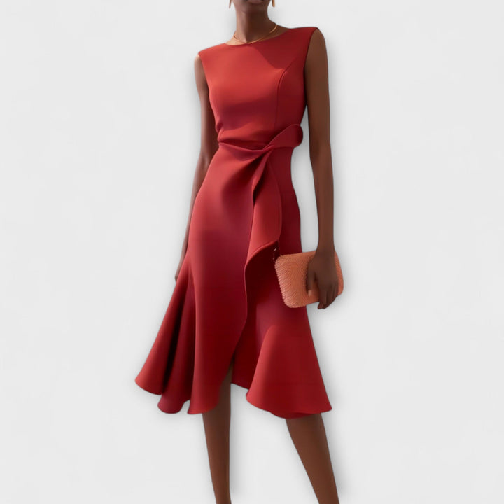 Women’s Crepe Georgette Midi Dress – Sophisticated Asymmetric Drape Sleeveless Design