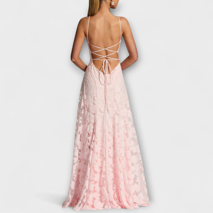 Luxurious Floral-Embroidered Lace-Trimmed Maxi With Delicate Spaghetti Straps Dress