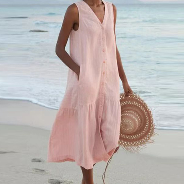 Women’s Crepe Midi Dress – Timeless Elegant Sleeveless Button Front Slimming Silhouette Dress