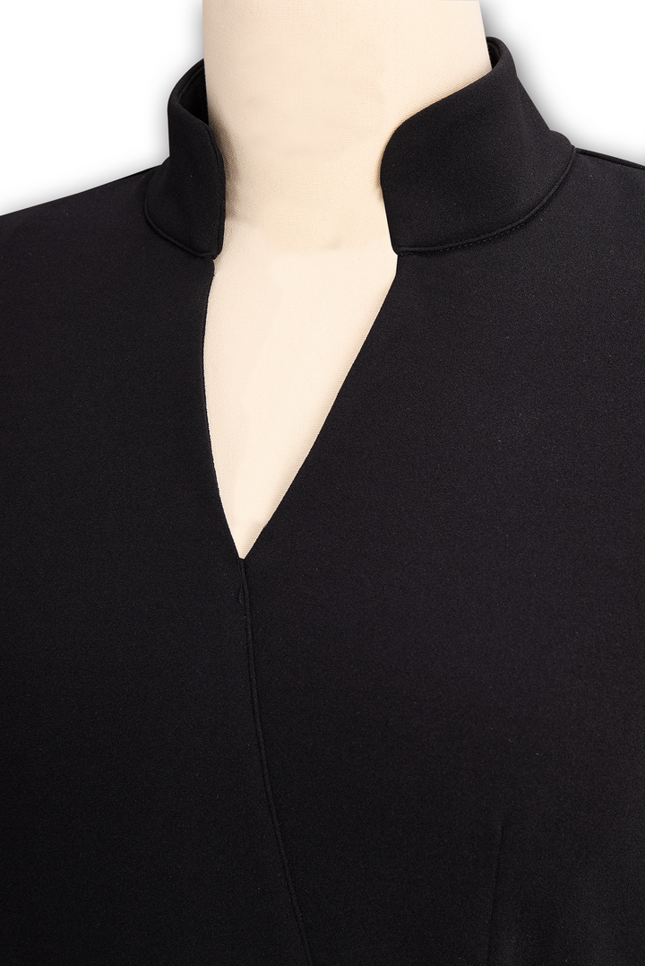 Timeless Elegant Belted Mandarin Collar Premium Polyester Draped Silhouette Dress