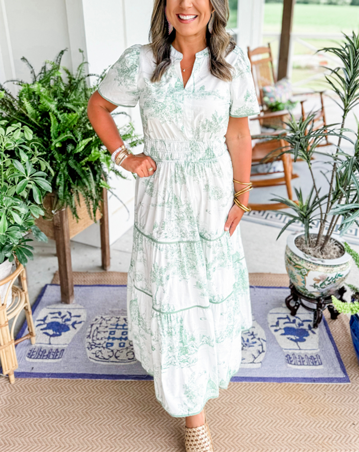 Romantic Driven Smocked Waist Evergreen Toile Print Tiered Floral Silhouette Maxi Dress