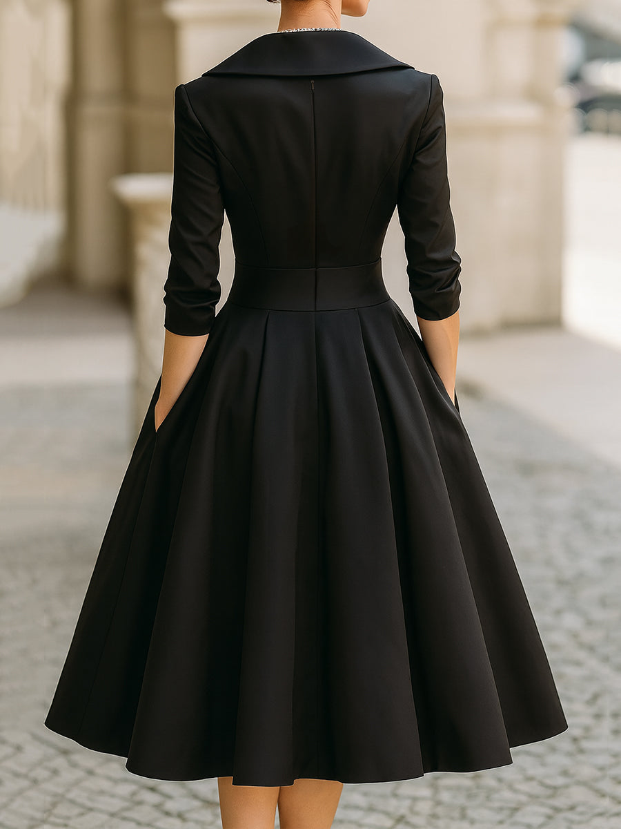 Vintage Inspired Draped Shawl Collar Black Satin Elegantly Fitted Bodice Midi Dress