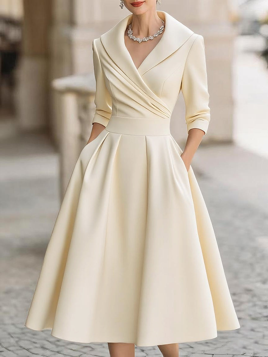 Vintage Inspired Draped Shawl Collar Black Satin Elegantly Fitted Bodice Midi Dress