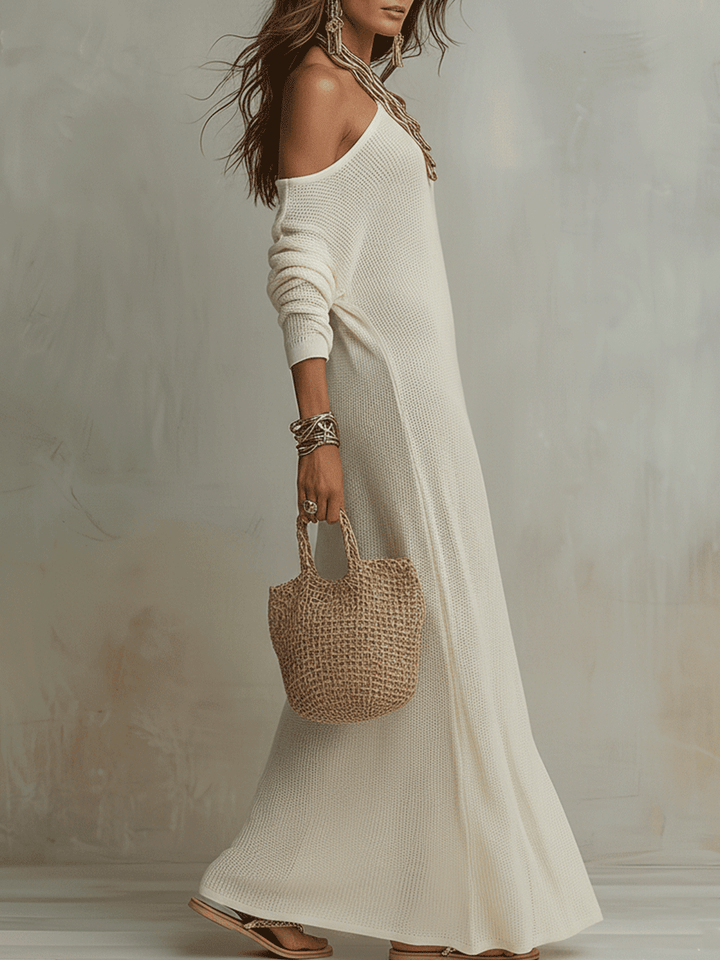 Women’s Ivory Knit Maxi Dress – Luxurious Off Shoulder Textured Drape Silhouette Dress