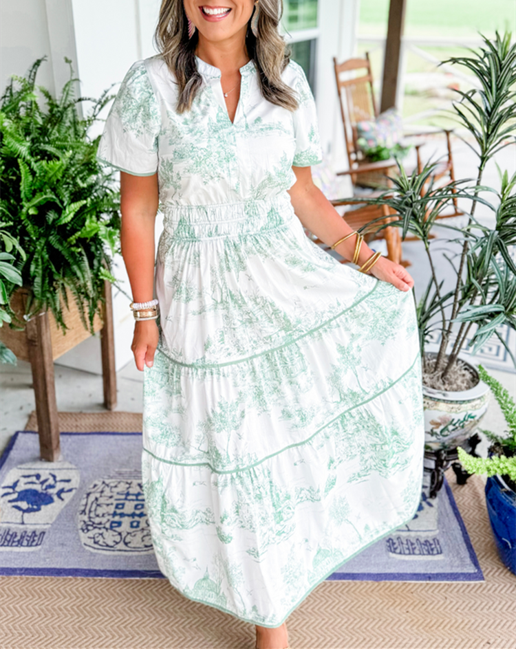 Romantic Driven Smocked Waist Evergreen Toile Print Tiered Floral Silhouette Maxi Dress