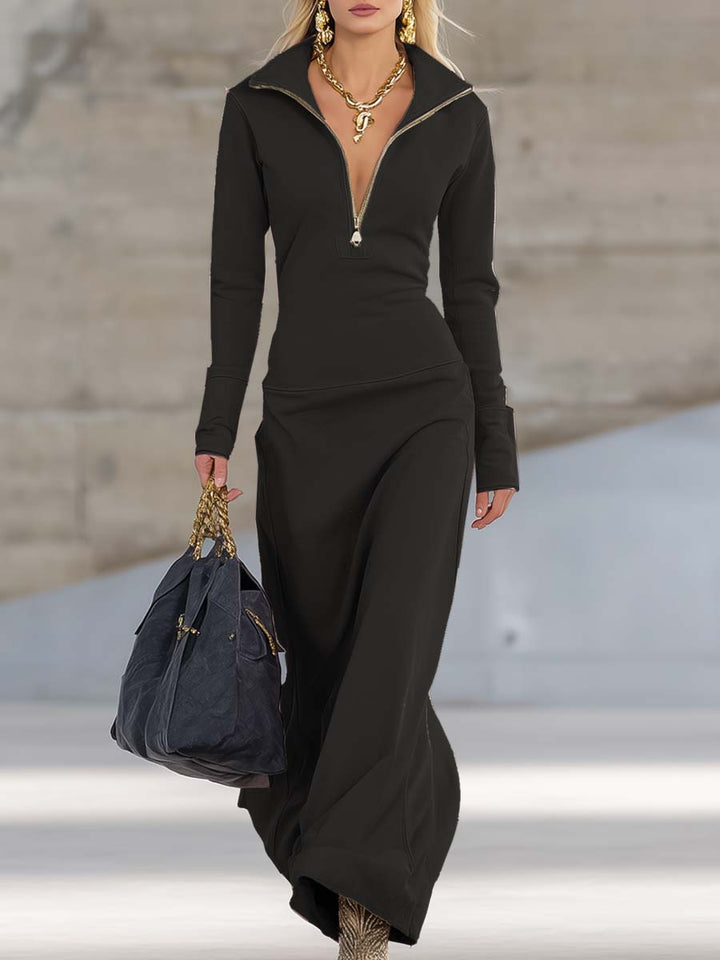 Women’s Pink Maxi Dress – Elegant V-Neck Front Zip Sporty Fabric Flattering Silhouette Dress
