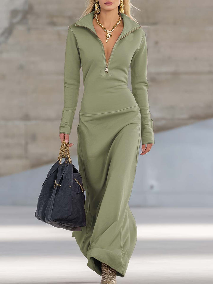 Women’s Pink Maxi Dress – Elegant V-Neck Front Zip Sporty Fabric Flattering Silhouette Dress