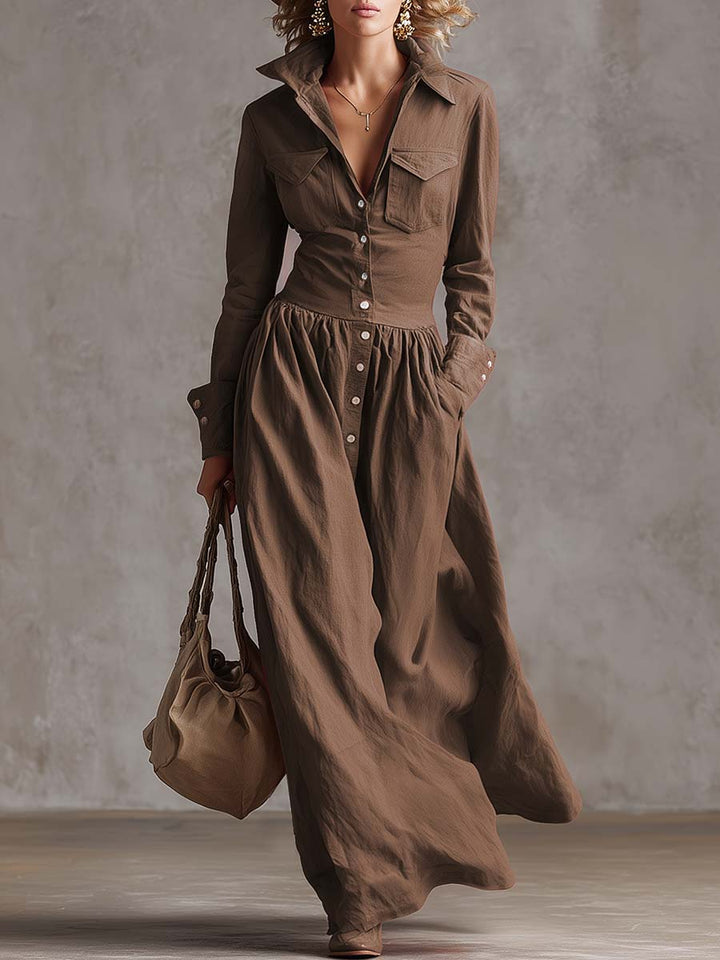 UltraLuxurious Breathable Lapel Front Button Trench Coat CottonLinenBlend Maxi Dress