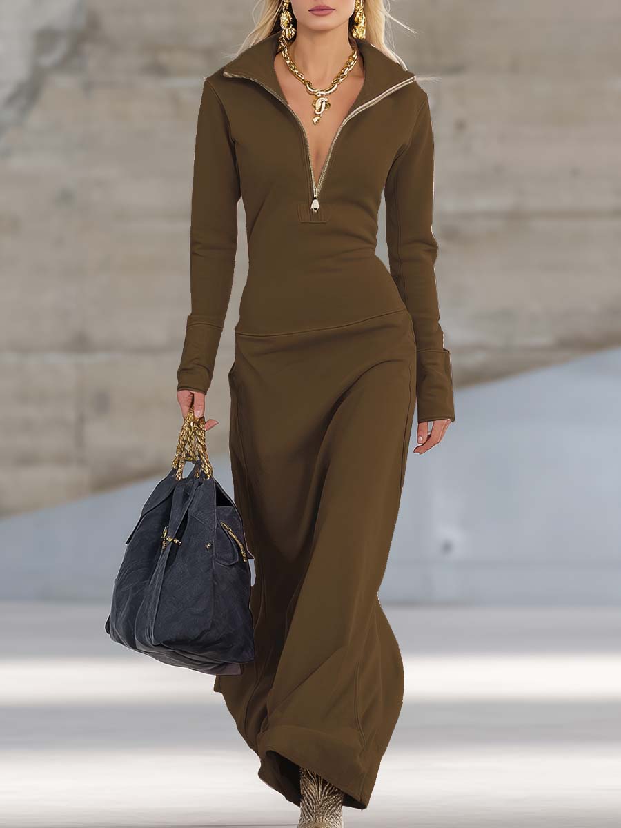 Women’s Pink Maxi Dress – Elegant V-Neck Front Zip Sporty Fabric Flattering Silhouette Dress