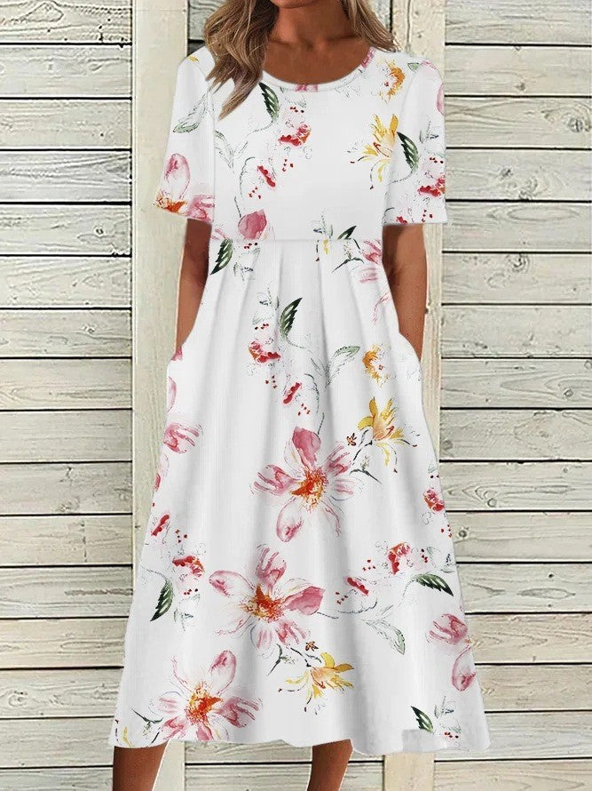 Incomparable Flowing Asymmetrical Floral Print Elevates Timeless Relaxed Midi Dress