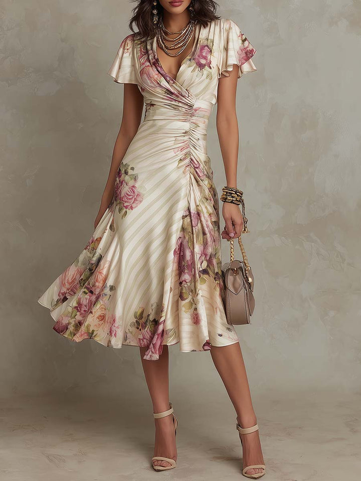 Romantic Vintage Floral Chiffon With Ivory Blush Print Midi Dress
