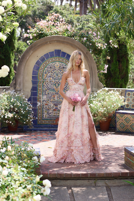 Enchanting Halter Neckline Peach Floral Tapestry Beaded Crystal Embellishment Dress