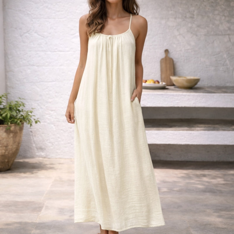 Effortlessly Spaghetti Strap Linen Gathered Neckline Pockets Breathable Maxi Dress