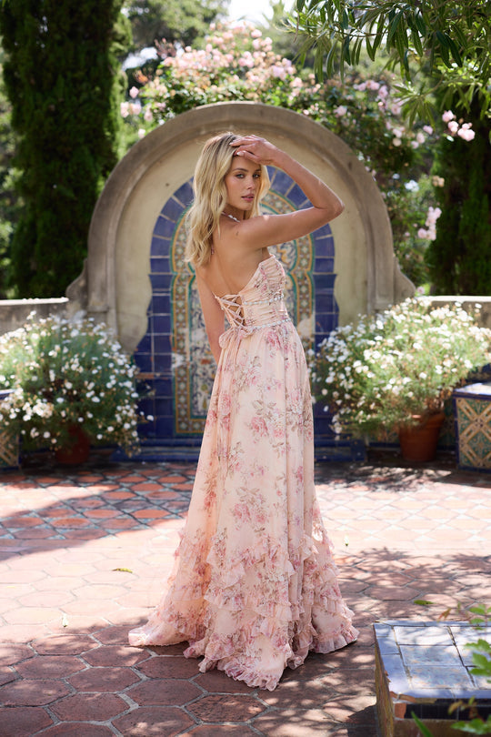 Enchanting Halter Neckline Peach Floral Tapestry Beaded Crystal Embellishment Dress