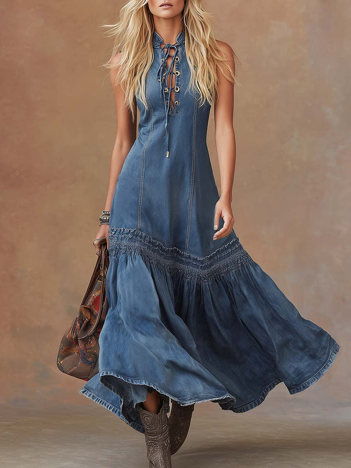 Elegant Timeless Vintage Western Tie-Neck Premium Denim Texture BubbleHem MaxiDress
