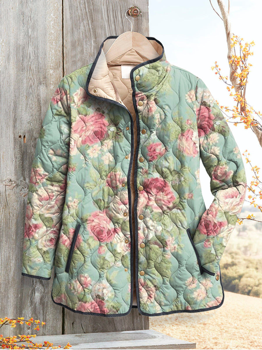 Women's Padded Jacket with Retro Floral Pattern