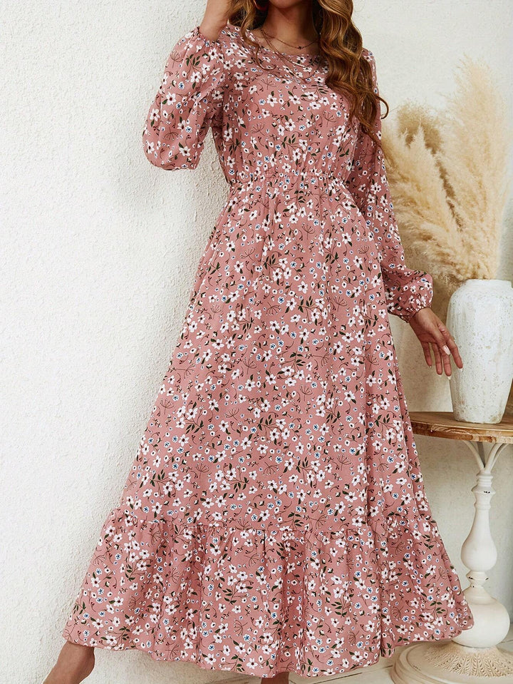 Enchanting Magnificently Smocked Midriff Floral Pattern Bishop Sleeves Maxi Dress