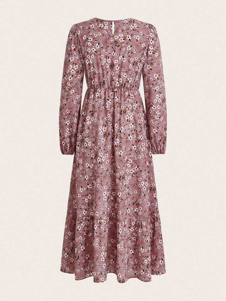 Enchanting Magnificently Smocked Midriff Floral Pattern Bishop Sleeves Maxi Dress