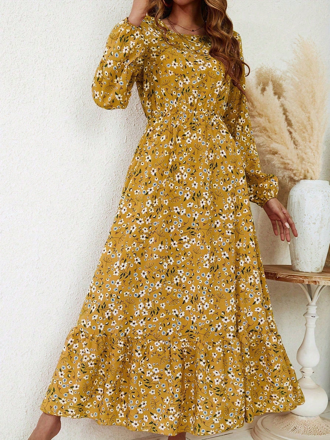 Enchanting Magnificently Smocked Midriff Floral Pattern Bishop Sleeves Maxi Dress