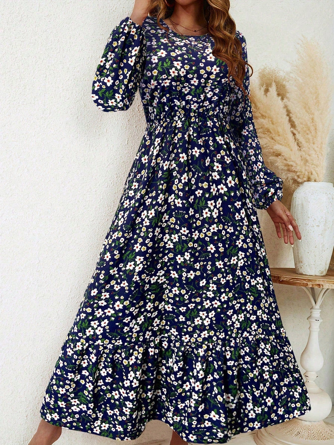 Enchanting Magnificently Smocked Midriff Floral Pattern Bishop Sleeves Maxi Dress