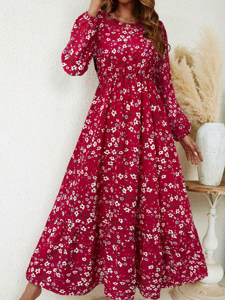 Enchanting Magnificently Smocked Midriff Floral Pattern Bishop Sleeves Maxi Dress